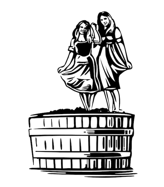 Vector women dancing in a barrel with grapes black and white vintage vector illustration for label poster web