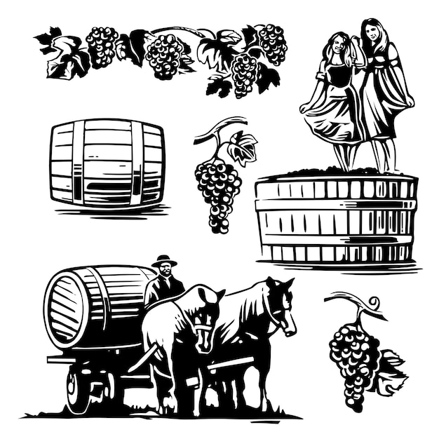 Женщины танцуют в бочке с виноградом и возница на телеге с вином, запряженным лошадьми черно-белая винтажная векторная иллюстрация для паутины плакатов этикеток