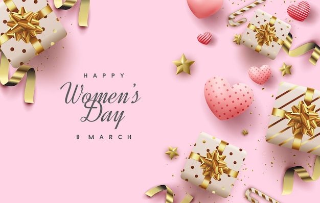 Women day background with illustration of love and gift box realistic 3d vector Premium design for banners posters and social media greetings