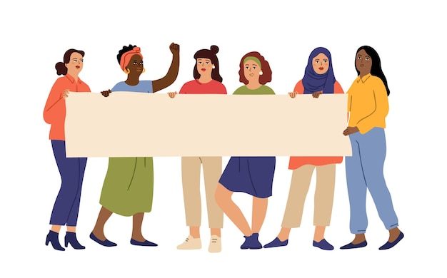 Women demonstration. people holding banner, feminism or protest\
girl group. isolated friends standing together, female rights\
vector concept. illustration protest and demonstration, banner\
protester