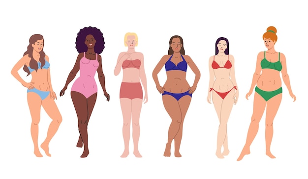 Vector women of different color and body types dressed in swimwear body positive movement love your body