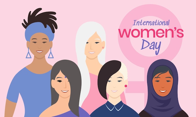 Women of different ethnicities and cultures with a sign of the woman on pink background