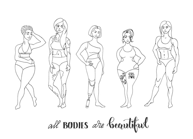 Vettore donne di diversa altezza, tipo di figura e taglia, abiti in costume da bagno, vari personaggi femminili