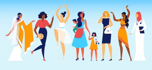 Donne di diverse professioni e status sociale | Vettore Premium