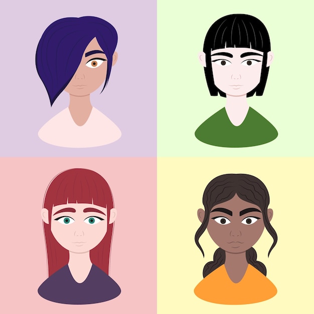 Women different race portrait cartoon set