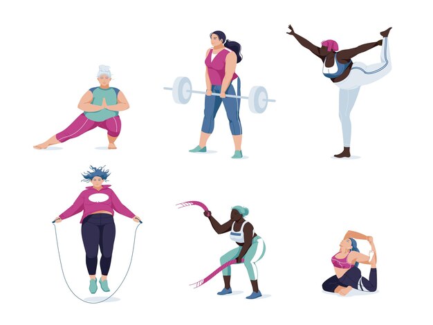 Women different races activities. set of women doing sports,
yoga, jogging, jumping, stretching, fitness. sport women flat
isolated