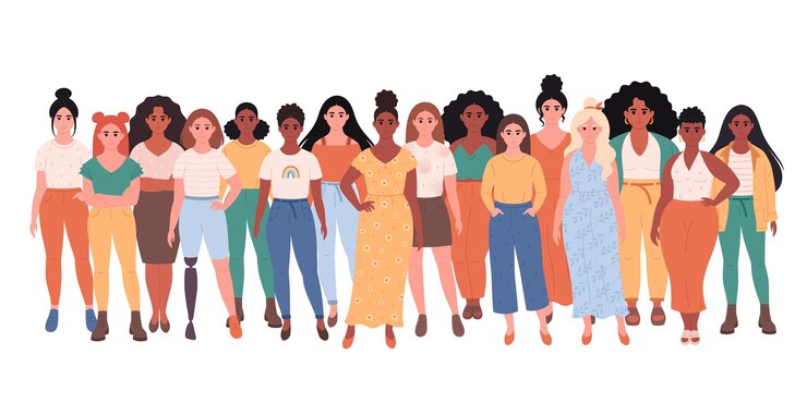 Vector women of different races, body types, hairstyles, physical disability. social diversity of people