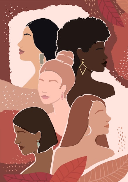 women of different races together on an abstract background with leaves modern illustration