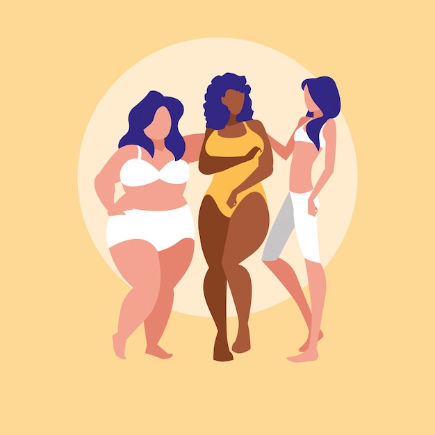 Vector women of different sizes and races modeling underwear