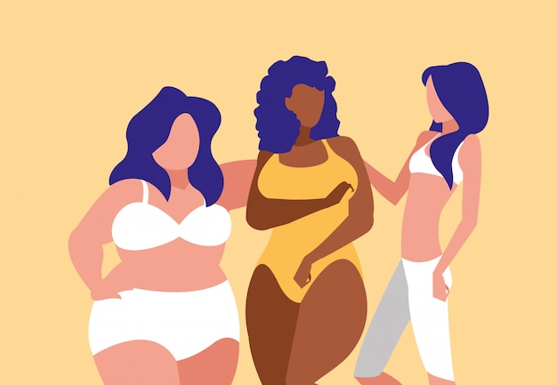 Vector women of different sizes and races modeling underwear