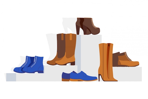 Women different type shoes collection,  illustration. showcase online footwear store stilettos, ankle, western boots