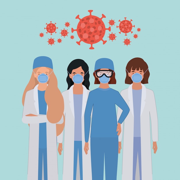 Women doctors heroes with uniforms and masks against 2019 ncov virus vector design