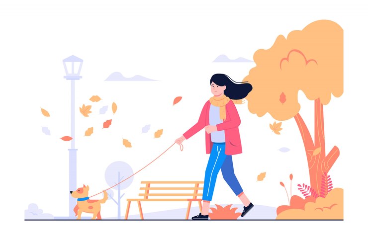 Vector 女性と秋の概念図を歩く犬