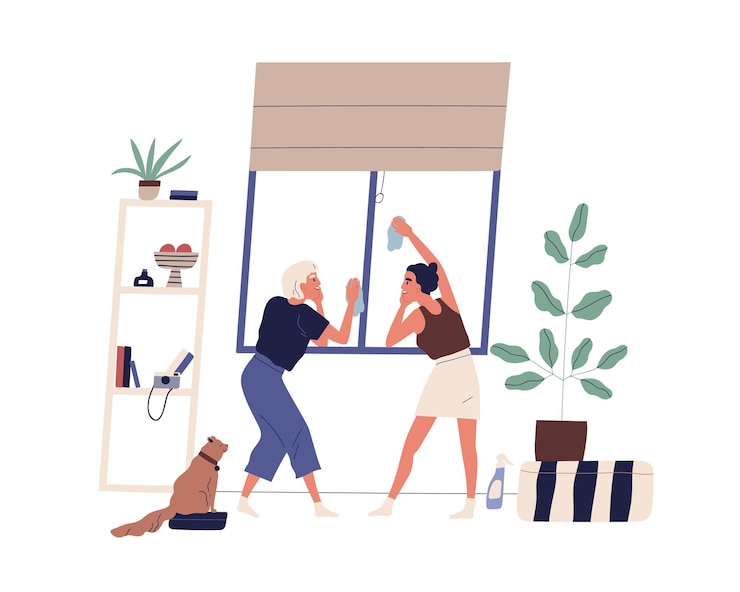 Vector women doing housework together. scene of couple daily routine, household chores, cleanup and domestic duties. female wiping and washing windows. flat vector cartoon illustration isolated on white.