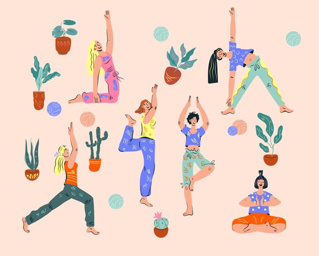 Vector women doing yoga asanas among houseplants flat vector illustration isolated