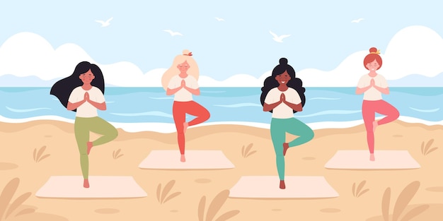 Women doing yoga on the beach. hello summer, summer leisure, vacation. healthy lifestyle