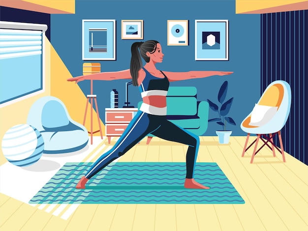 Women doing yoga at home with cozy and modern interior  illustration.