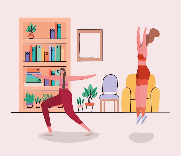 Vettore donne che fanno yoga a casa