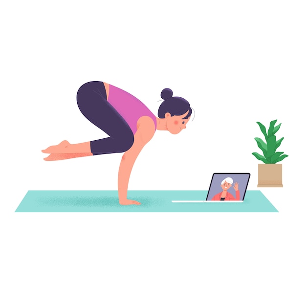 Women doing yoga during stay home while doing video call conference