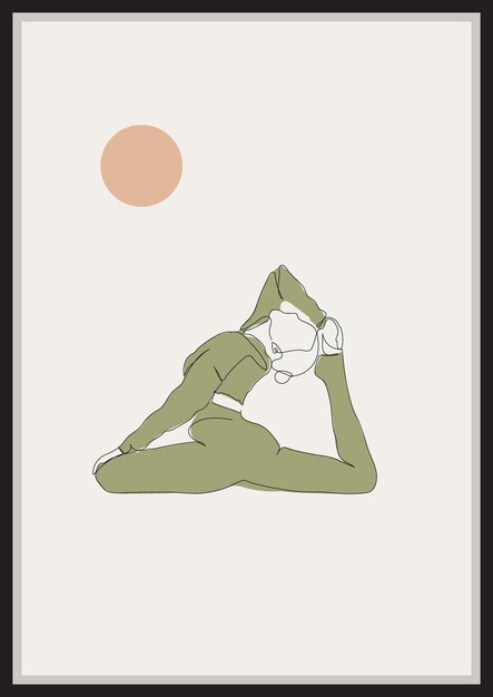 Women doing yoga vector oneline art illustration modern minimal printable poster Sage Green