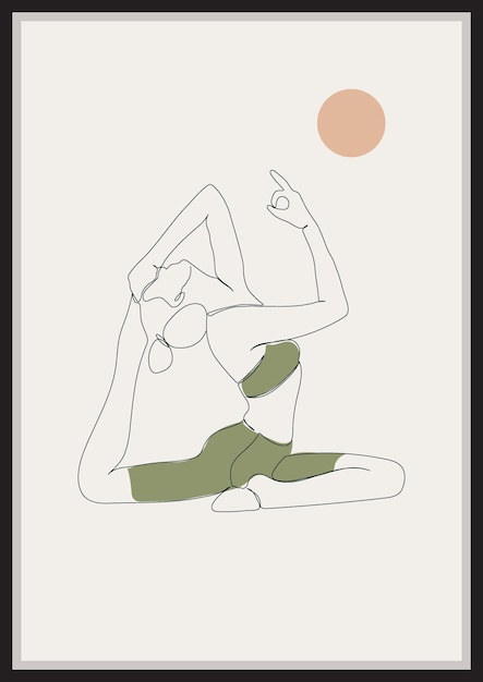 Women doing yoga vector oneline art illustration modern minimal printable poster Sage Green