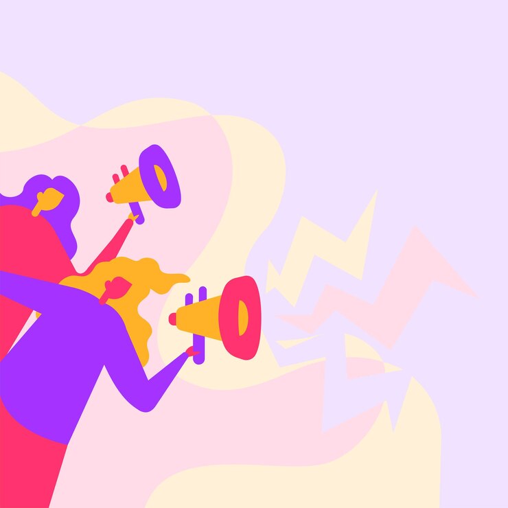 Vector women drawing holding their megaphones loudly making new announcement to the public. girls line drawing using bullhorn promoting late advertisements.