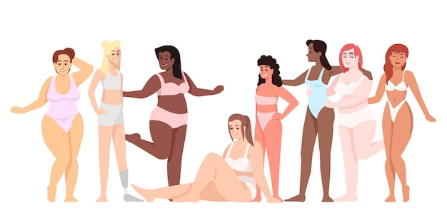 Женщины, одетые в купальники, плоские векторные иллюстрации. Тело положительное. Борьба за равенство и феминизм. Улыбающиеся дамы разных национальностей изолировали мультяшный персонаж на белом фоне.