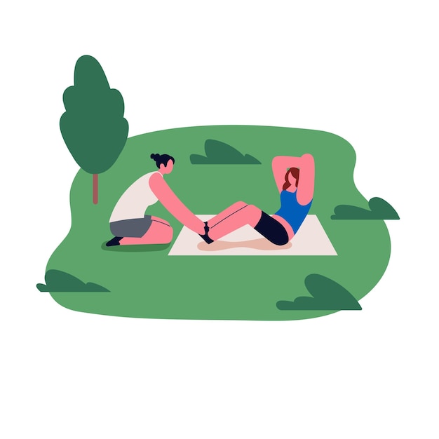 Women during workout fitness outdoors in summer girls training\
exercising swinging press on grass sport activity in park open air\
flat graphic vector illustration isolated on white background