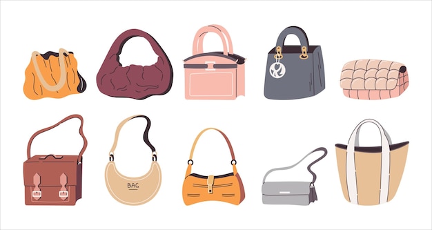Вектор Женские элегантные плоские многоцветные классические сумочки коллекция векторных изолированных аксессуаров для сумочек