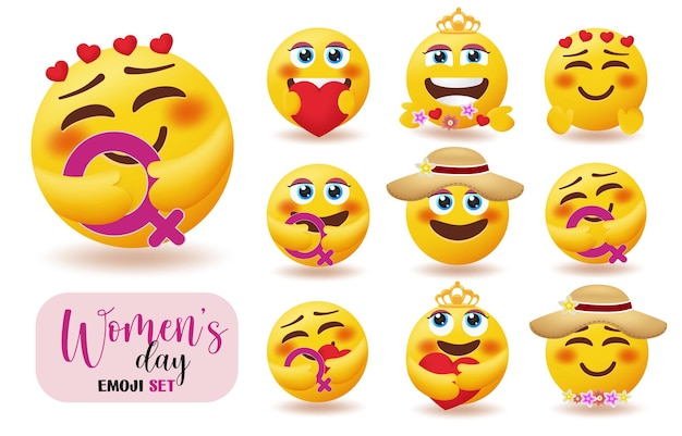 Vettore set vettoriale di caratteri emoji per donne collezione di emoticon per il giorno delle donne con personaggio femminile in possesso