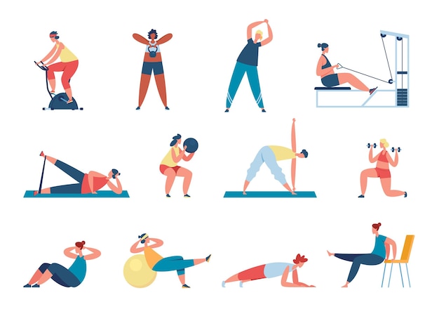 Women exercise with sports equipment, working out at home or gym. Female characters doing squats, practicing yoga, fitness training vector set. Girls doing pilates, lifting weight in sportswear