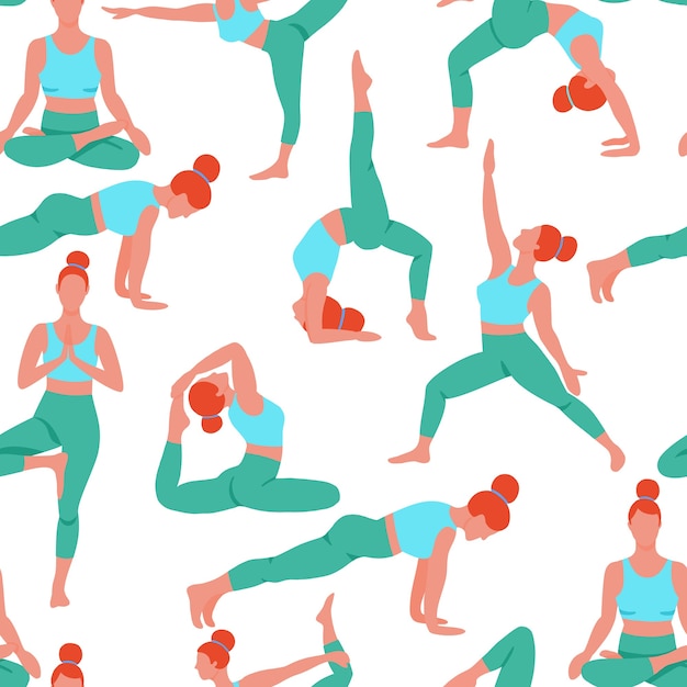 Women exercising yoga flat seamless pattern. do yoga meditation practice cartoon