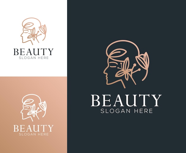 Женское лицо сочетает в себе логотип цветка и ветки для салона красоты, спа-косметики и ухода за кожей