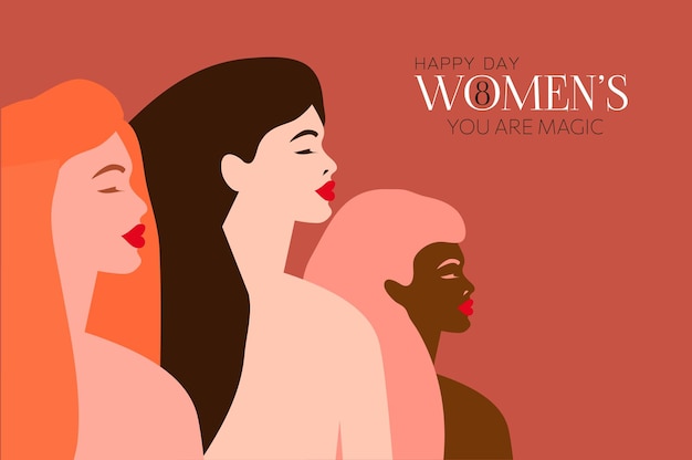 Women face head. Modern feminist illustration. International women's day. 8 March day. Spring. Conce