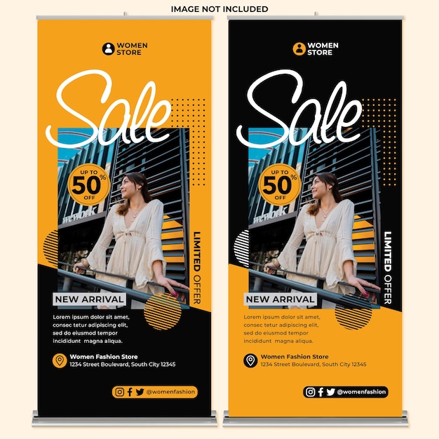 Vector women fashion promotion roll up banner print template in flat design style