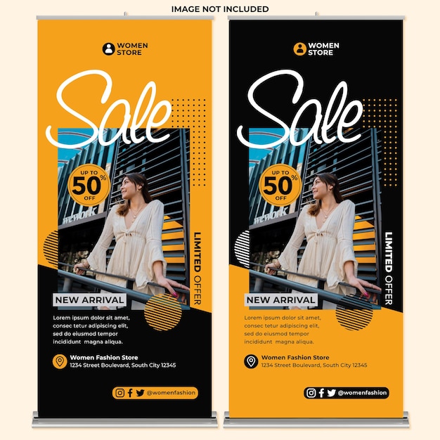 Modello di stampa banner roll up promozione moda donna in stile design piatto