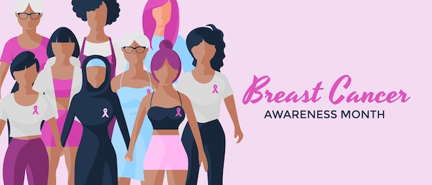 Vettore le donne combattono il vettore del mese di consapevolezza del cancro al seno colori rosa simbolo del mese