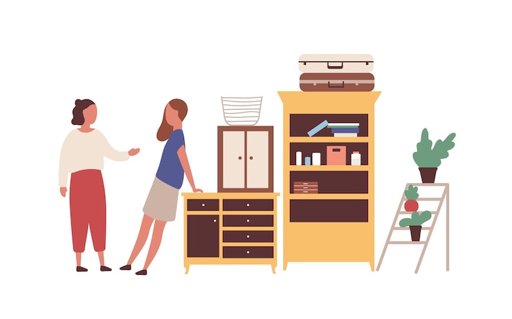 Vector women at flea market flat vector illustration. cartoon girls, neighbors meeting at garage sale. female shopper asking old furniture price. second hand shop customers choosing antique purchases.