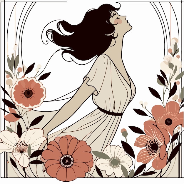 Vector women and flowers around in art nouveau style