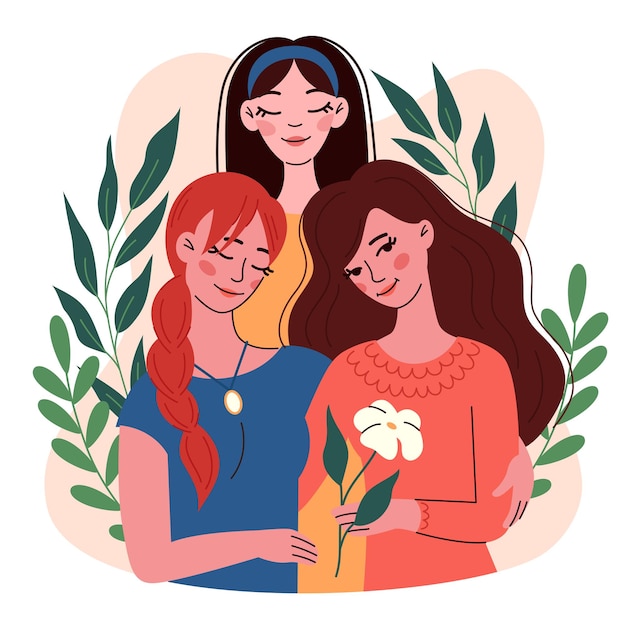 Women friendship and support love different women sisters hugs flat vector illustration