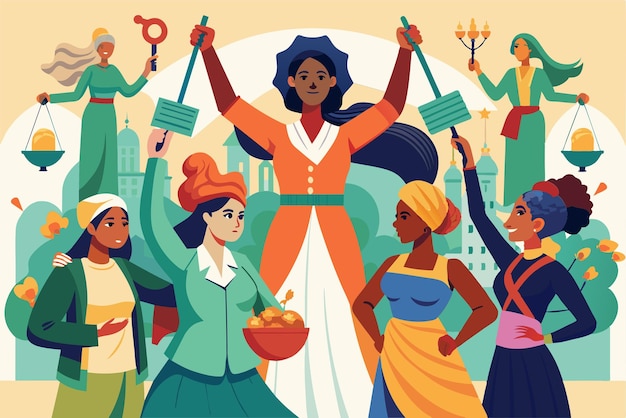 Women from diverse backgrounds gather to advocate for social change and gender equality in a lively atmosphere Emancipation of women Customizable Disproportionate Illustration | Premium AI-generated vector