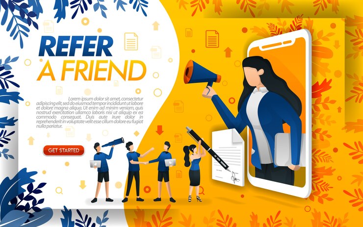 Women get out of the smartphone with megaphones to refer a friend