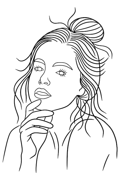 Vector women girl close up face pose line art illustration