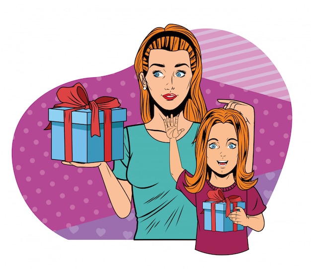 Vector women and girl with gift box pop art