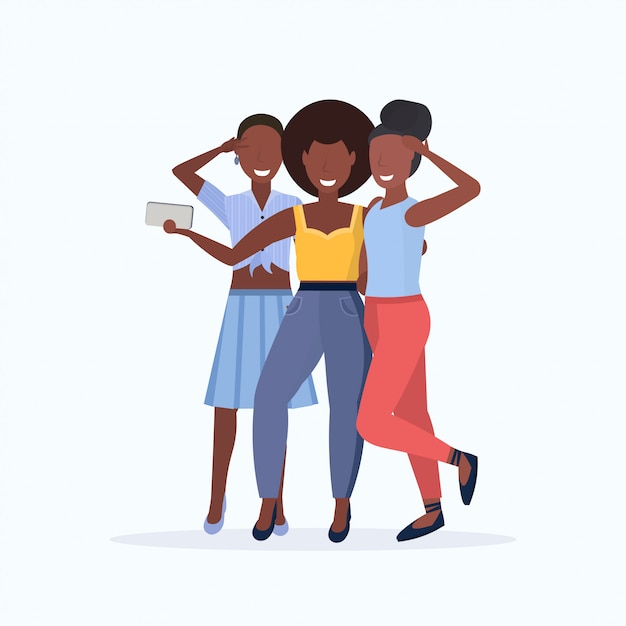 Women group taking selfie photo on smartphone camera  female cartoon characters standing together posing on white background  full length