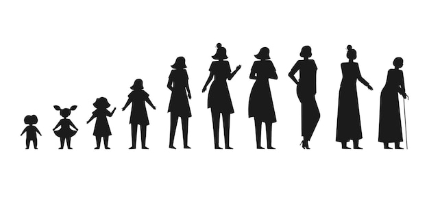 Vector women growing up children's to elders isolated vector silhouette