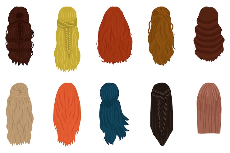Vector women hairstyle concept collection with natural wigs and beautiful hairstyles back view vector illustration