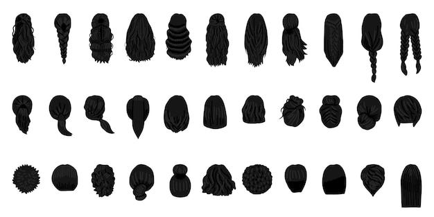 Вектор Концепция женской прически коллекция икон с натуральными париками и красивыми прическами, векторная иллюстрация заднего вида черный цвет