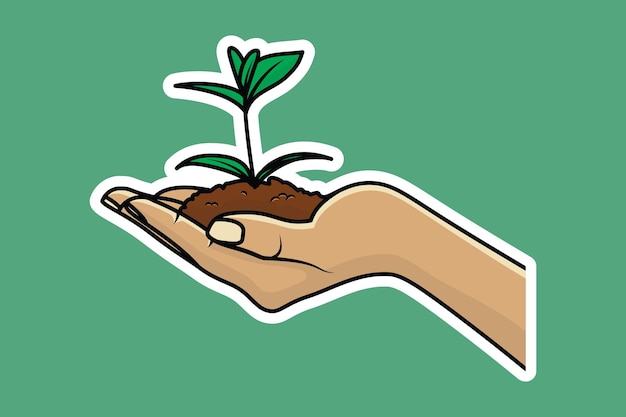 Women hand holding green plant and soil vector illustration people nature icon