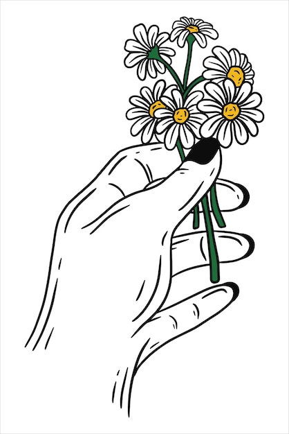 여자 손 잡고 장미 꽃 제스처 플랫 라인 아트 그림